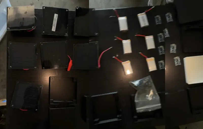 Solar panels, batteries and charge boards at a build session